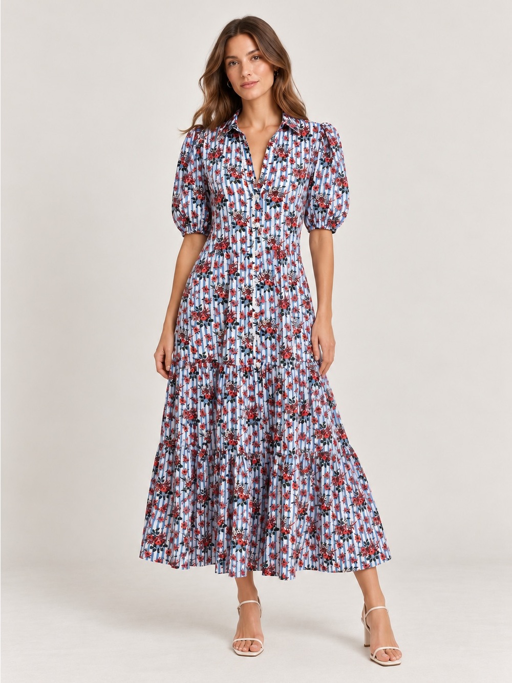 Veronica Beard Eunice Floral Stripe Cotton Midi Dress Size 6